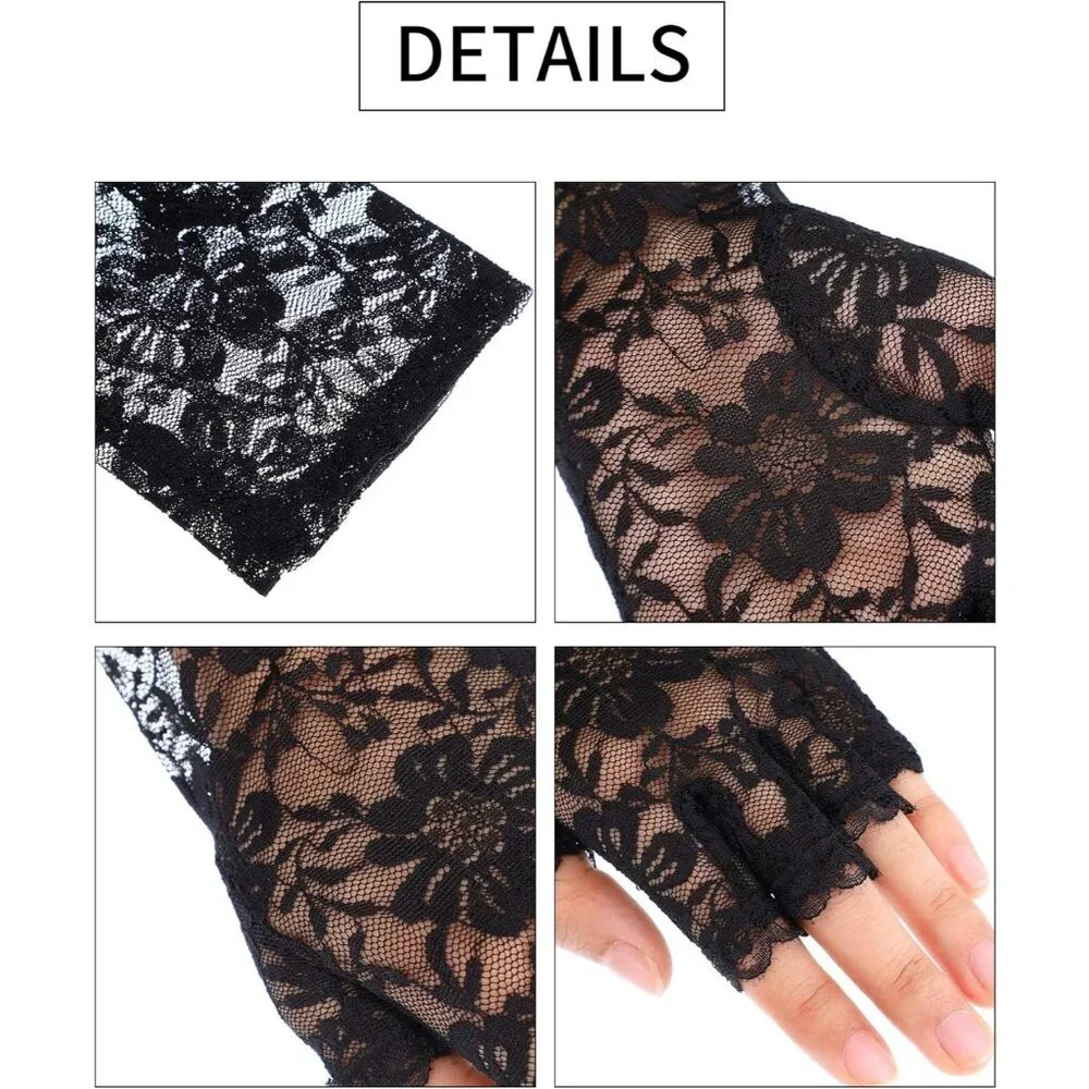 Women's Black Floral Short Lace Gloves Sunblock Fingerless Bridal Opera Party